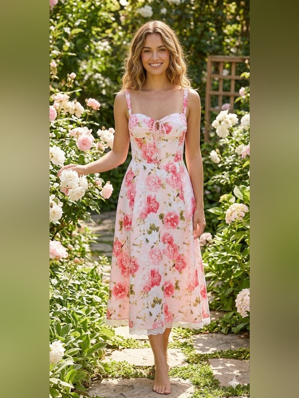 dELiA*s Pink Floral Lace-Trim Midi Dress